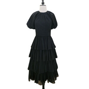 Ieena For Mac Duggal Black 2 Tiered Short Sleeve Boho Dot Midi Dress 49589